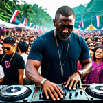 **Image Prompt:** Idris Elba DJing at a vibrant music festival in Thailand, seamlessly blending electronic music with traditional Thai instruments. The crowd is diverse and energetic, reflecting the fusion of cultures.