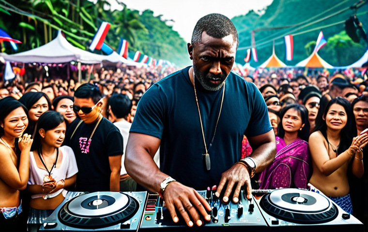 **Image Prompt:** Idris Elba DJing at a vibrant music festival in Thailand, seamlessly blending electronic music with traditional Thai instruments. The crowd is diverse and energetic, reflecting the fusion of cultures.